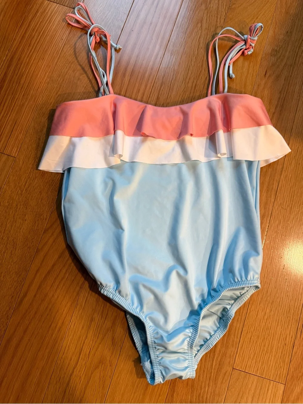 Bella Bliss Newport Light Blue One-Piece Swimsuit with Coral & White Ruffle